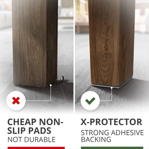 Comparison of non slip furniture pads; weak pad on left, premium four inch rubber feet floor protectors on right