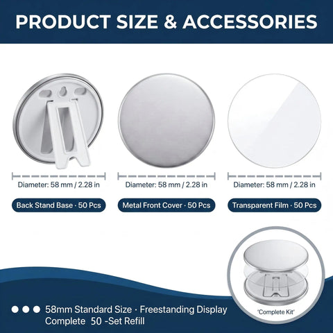 58mm Button Maker Supplies Tinplate Photo Frame Blanks For Badge Press Machine DIY Round Picture Frame Refills, complete kit