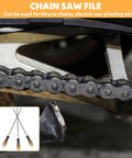 Close-up of metal chain and 3 Pack One Eighth Inch Chainsaw File Set Round Sharpener Files For Precise Chain Teeth Sharpening with handles