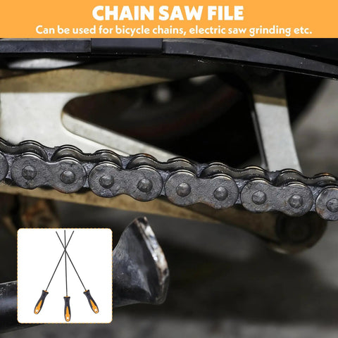 Close-up of metal chain and 3 Pack One Eighth Inch Chainsaw File Set Round Sharpener Files For Precise Chain Teeth Sharpening with handles