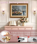 Pair Of Vintage Battery Powered Wall Sconces With Massive 5000Mah Cell And Smart Remote Dimmable Tulip Pink Shades in elegant setup.
