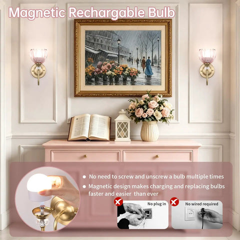 Pair Of Vintage Battery Powered Wall Sconces With Massive 5000Mah Cell And Smart Remote Dimmable Tulip Pink Shades in elegant setup.