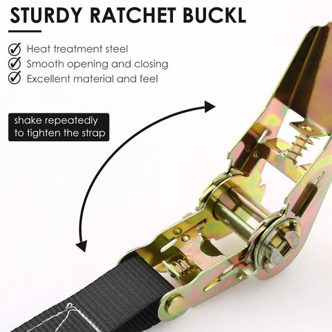 Close-up of metal ratchet buckle on 10 Pack 1 Inch By 20 Foot No Hook Ratchet Straps, Heavy Duty Tie Down Straps For Motorcycle Trailer Kayak.