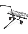 60 Inch Tow Behind Lawn Dethatcher With 24 Heavy Duty Spring Steel Tines shown in the side view for garden tractor use