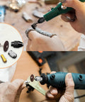 Person using rotary tool with Fifteen Piece Drill Chuck Collet Set For Rotary Tool With Ten Brass Collets From One Thirty Second To One Eighth Inch Keyless Quick Change Chuck Nuts And Wrenches Replacement Accessory Kit For 3000 4000 7700 Series.