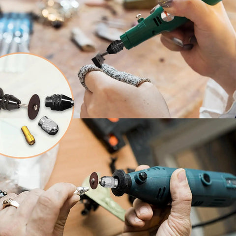 Person using rotary tool with Fifteen Piece Drill Chuck Collet Set For Rotary Tool With Ten Brass Collets From One Thirty Second To One Eighth Inch Keyless Quick Change Chuck Nuts And Wrenches Replacement Accessory Kit For 3000 4000 7700 Series.