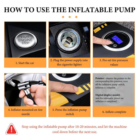 Instructions for using the Straight Up Reliable 12V Tire Inflator Air Compressor with digital pressure gauge and LED light.