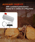 1.5L auxiliary oiler kit for chainsaw milling attachments displayed with components and tree logs in background