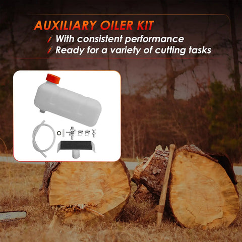 1.5L auxiliary oiler kit for chainsaw milling attachments displayed with components and tree logs in background