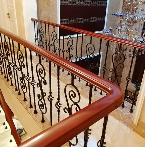 Top Shelf Black Wrought Iron Railing Posts And Balusters For Deck Backyard Porch And Balcony, 37 Inch Rock Solid Anti Rust Banister Spindles For Quick Diy Install, 30 Pack shown in elegant indoor staircase.