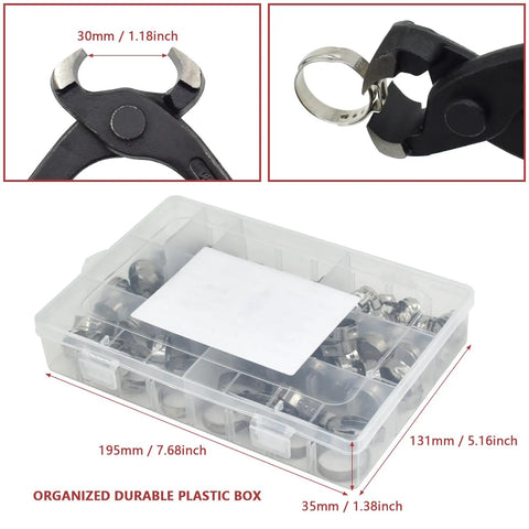 Heavy Duty PEX Clamp Set With Pliers 130 Piece Pro Grade Stainless Steel Hose Clamps Kit in organized plastic box