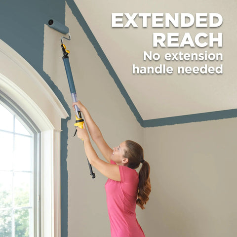 Person using EZ Roller With Long Reach Handle Holds 22 Oz In The Handle Inner Fed Paint Roller to paint high ceiling edge