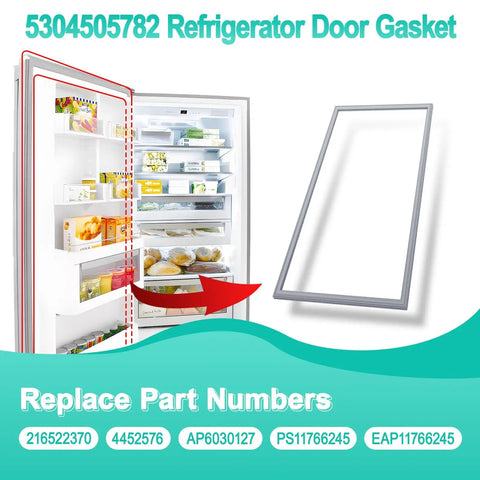 2 Pack Upgraded 5304505782 Freezer Door Gasket Replacement Seal No Fuss 65 By 31 Inch visible with open freezer door.
