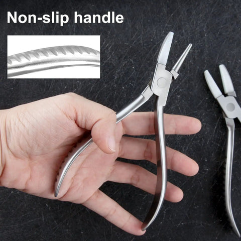 Pro Grade 6 Inch Nylon Jaw Round And Flat Nose Pliers For Eyeglasses Adjustment Straight Up Solid Glasses Repair Tool Kit With Mini Precision Screwdriver showing non-slip handle design.