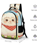 Smiling Sheep Wearing A Scarf Printed Unisex Backpack With Large Capacity showing size and features, durable polyester build.