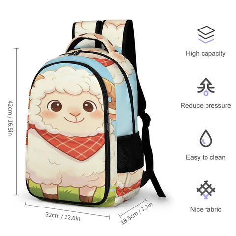 Smiling Sheep Wearing A Scarf Printed Unisex Backpack With Large Capacity showing size and features, durable polyester build.