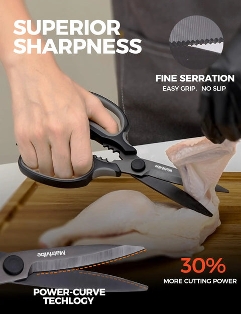 Heavy Duty All Purpose Kitchen Scissors With Ultra Sharp Blade And Power Curve Technology For Cutting Herbs Meat Packaging Cardboard And More Go To Ergonomic Durable Handles For Everyday Kitchen Tasks, cutting raw meat