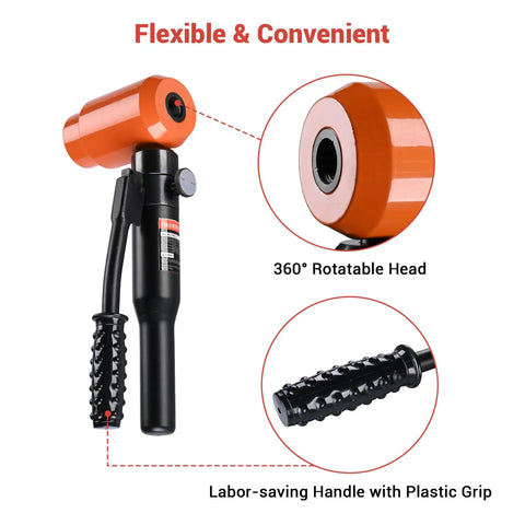 Hydraulic Knockout Punch Set with 360° rotatable head and labor-saving handle, 15-ton handheld conduit hole cutter kit with dies