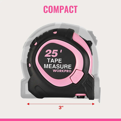 25 Foot Tape Measure With Fractions, Retractable Steel Blade, Magnetic Hook, Three Brake System, Pink Color, Front View