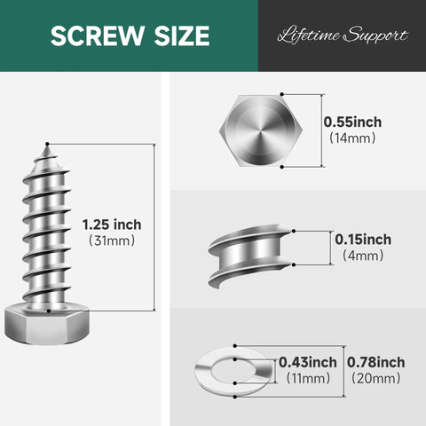 Screw size diagram showing Heavy Duty 3/8 X 1-1/4 Inch Hex Head Lag Bolts With Washers 304 Stainless Steel dimensions.