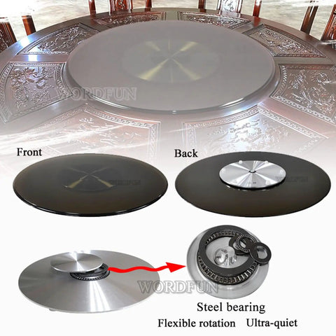 Kick Back Heavy Duty Tempered Glass Lazy Susan Turntable 31 To 35 Inch showing front and back views with steel bearing features.
