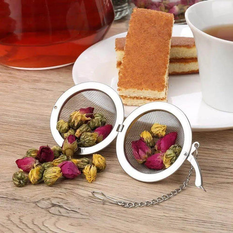 Open Two Pack 2.1 Inch Stainless Steel Mesh Tea Ball Infuser Strainer Filters For Teas Durable 304 Grade Tea Filter Basket filled with tea leaves
