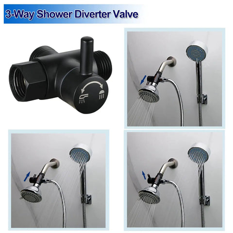 Shower Arm Diverter Valve for Handheld Showerhead and Fixed Spray Head 3 Way Brass Valve Matte Black in bathroom use