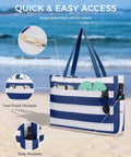 Large Waterproof Sandproof Beach Tote Bag with Zipper, navy blue tote with pockets on beach, family pool bag with 40oz tumbler pocket