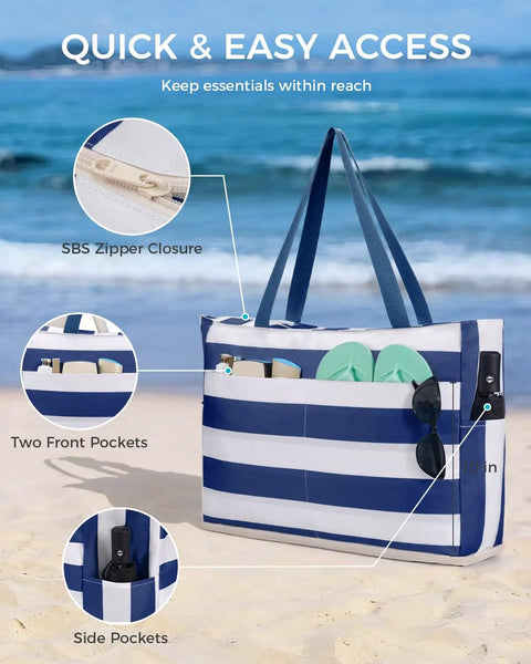 Large Waterproof Sandproof Beach Tote Bag with Zipper, navy blue tote with pockets on beach, family pool bag with 40oz tumbler pocket