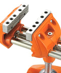Close-up of Beefy Heavy Duty Clamp Bench Vise with Swivel Base showing metal jaws and orange cast steel body for woodworking.