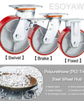 Heavy Duty Polyurethane Caster Wheels Set Of 4 With Locks Double Ball Bearing Swivel Casters visible with red treads and steel hubs.