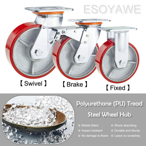 Heavy Duty Polyurethane Caster Wheels Set Of 4 With Locks Double Ball Bearing Swivel Casters visible with red treads and steel hubs.
