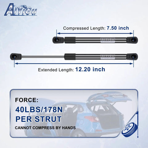 Heavy Duty Gas Strut Lift Support 40 Lbf Force 12 Inch Extended 7.5 Inch Compressed 2 Pack shows strut measurements.