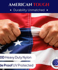 Hands gripping 3x5 Outdoor American Flag With Embroidered Stars And Sewn Stripes, Built To Last Heavy Duty 400D Polyester, UV Fade Resistant