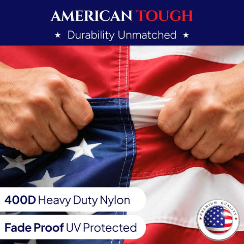 Hands gripping 3x5 Outdoor American Flag With Embroidered Stars And Sewn Stripes, Built To Last Heavy Duty 400D Polyester, UV Fade Resistant