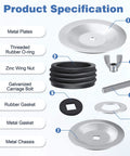 Product specifications for 5 Inch End Of Pipe Mechanical Cleanout Plug With Airtight Gasket And Steel Construction Featuring Galvanized Screw And Wing Nut.
