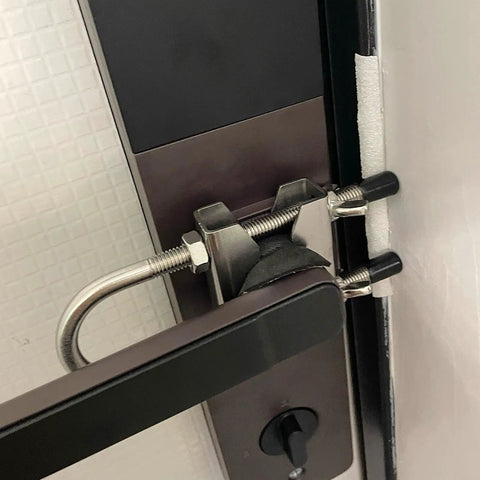 Portable Travel Door Lock Heavy Duty Security Lock For Outward Opening Doors Adjustable Stainless Steel Safety Device For Hotel Rooms Apartments Homes And Vacation Rentals On The Go Keeps Doors Tight Shut And Safe While You Stay installed on a door