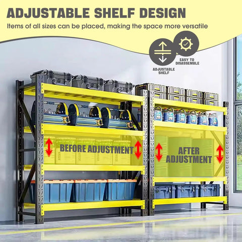 Heavy Duty Four Tier Steel Shelving Unit With 5000 Lb Capacity Adjustable Industrial Storage Rack For Garage Workshop And Warehouse Yellow And Black Metal Shelving For Max Organization And Easy Assembly showing adjustable shelves and storage bins