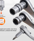 Knockout 46 Piece Pass Through Socket Set With Slim Offset Handle And Insert Style Heavy Duty Ratchet Wrench Real Deal For Cramped Engines And Tight Automotive Jobs In 1 4 Inch Drive showing 1/4 inch ratchet with U shaped port socket.