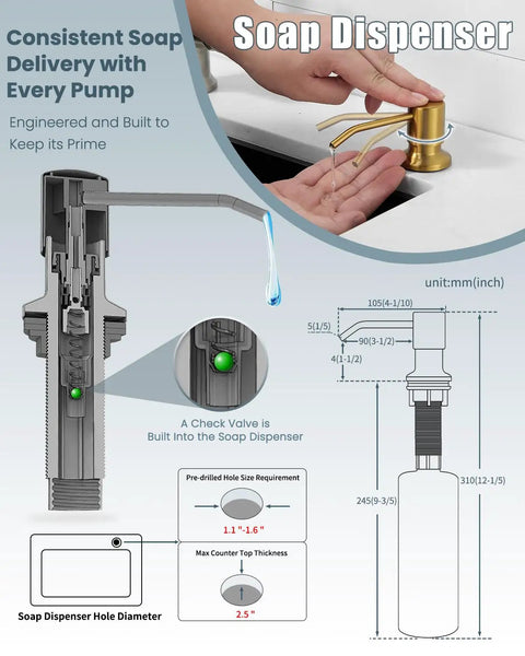 Diagram of soap dispenser from Brushed Gold Kitchen Faucet With Soap Dispenser And Deck Plate For RV And Farmhouse Sinks