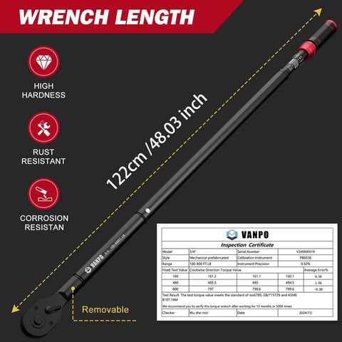 Pro Builder Three Quarter Inch Drive Click Torque Wrench Measuring One Hundred To Eight Hundred Foot Pounds Crafted For No Sweat Truck Tire Swaps And Heavy Job Sites