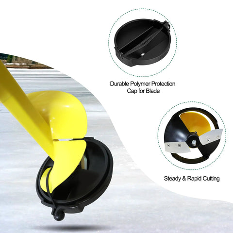 Close-up of 8 Inch Ice Auger For Cordless Drill With 35.95 Inch Extension Shaft and protective cap on ice surface.