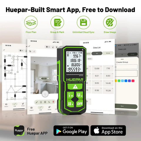 Bluetooth Laser Distance Meter 200 Feet With App Control and USB C Rechargeable Battery, screen and app features
