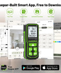 330 Ft Bluetooth Laser Distance Meter With App, Pro Grade One Sixteenth Inch Accuracy, Rechargeable, Angle Sensor, Multiple Modes, IP54, For Home And Construction Projects, The Ultimate DIY Boss Dad Gift, with app screens