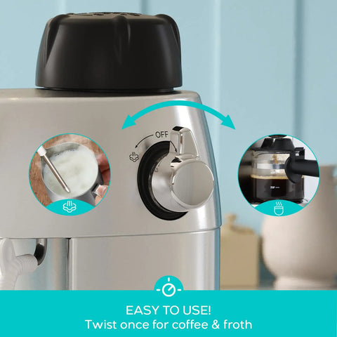 Premium Home Espresso Machine With Built In Milk Frother And Rapid Steam Wand, showing user-friendly control knob and frothing details.
