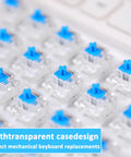 Close-up of Blue 3 Pin Pre Lubricated Clicky Mechanical Keyboard Switches Pack Of 72 for custom gaming keyboards, dustproof and waterproof.