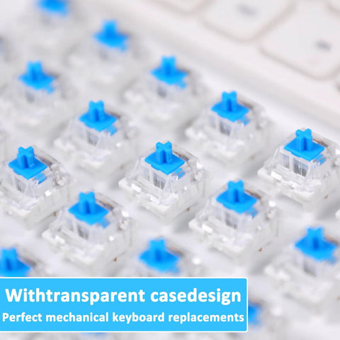 Close-up of Blue 3 Pin Pre Lubricated Clicky Mechanical Keyboard Switches Pack Of 72 for custom gaming keyboards, dustproof and waterproof.