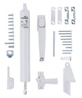 Corrosion Resistant Screen Door Hardware Kit With Pneumatic Closer And Push Button Latch For Out Swinging Doors No Lockout Feature Includes Hold Open Washer And Jamb Bracket White laid out on surface