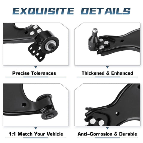 Front view of front lower control arm with ball joint and sway bar link, black finish.
Side view of front lower control arm with ball joint end, black coating.
Close-up of control arm ball joint mounting area and bushing, black.
Installed view showing mounting holes and arm edge on suspension component.