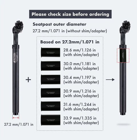 Suspension Seatpost With MDU Rubber Memory Damper For A Cushy Ride 45mm Travel Ultralight Aluminum Body sizing guide image